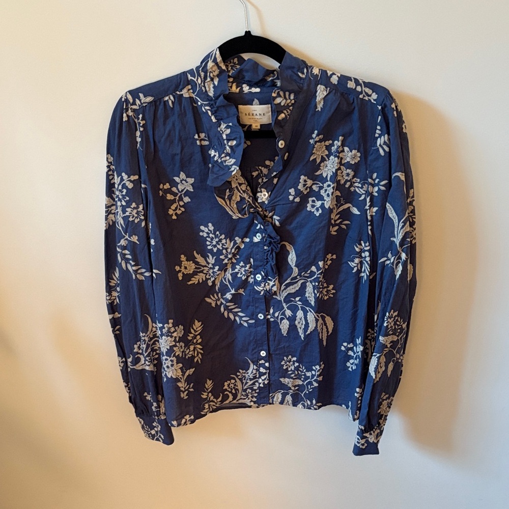 Sezane Chlo Shirt - Blue with Ecru